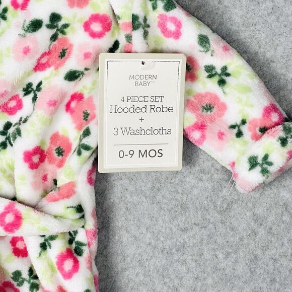 Modern Baby Bathrobe Infant 0-9 Months Floral Pink Plush Hooded NWT - Picture 6 of 13